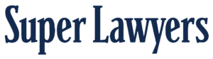 The image shows the logo for "Super Lawyers" in navy blue font with an elongated "L.