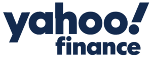 Logo displaying "Yahoo! Finance" in bold navy blue letters on a transparent background.