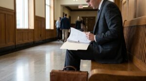 suited attorney reviewing legal documents on courthouse bench with briefcase nearby