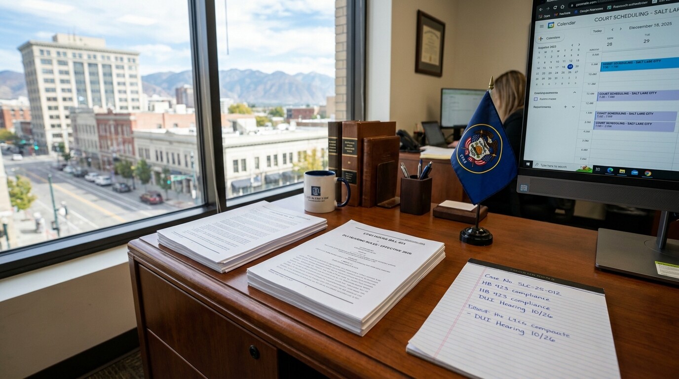Salt Lake City law office desk with DUI hearing notes and Utah state flag