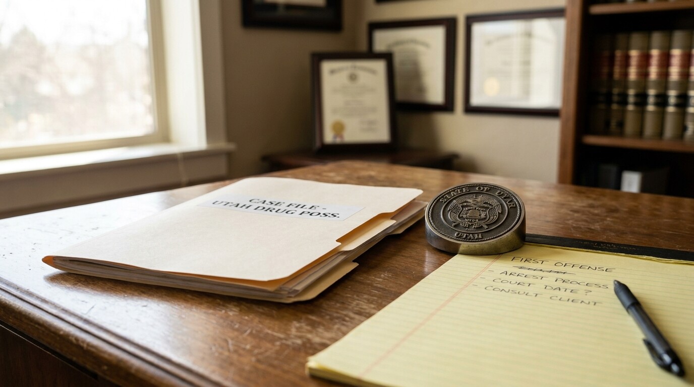 Case file labeled Utah Drug Poss. beside State of Utah seal on attorney desk