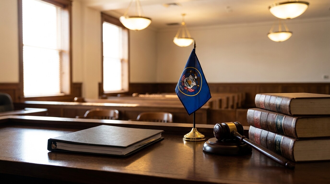 Utah state flag, gavel, legal binders, and law books on courtroom desk