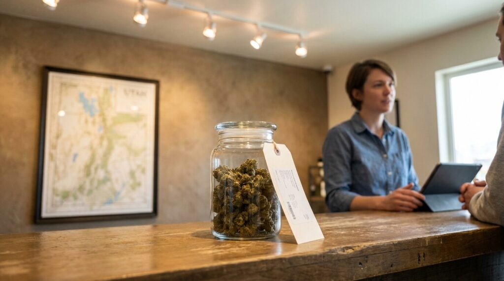 labeled cannabis jar on dispensary counter with budtender holding tablet