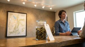 labeled cannabis jar on dispensary counter with budtender holding tablet