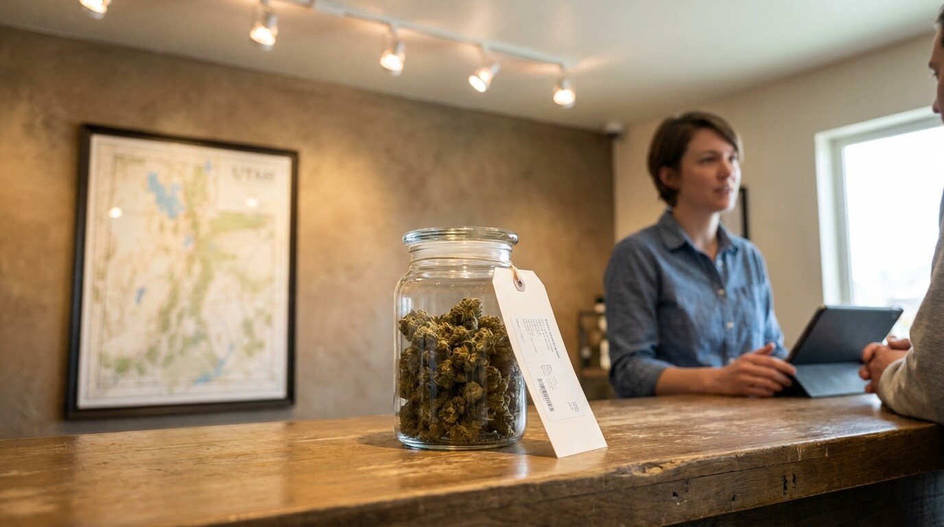labeled cannabis jar on dispensary counter with budtender holding tablet