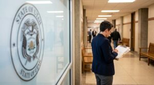 attorney reviewing documents on clipboard in State of Utah courthouse hallway