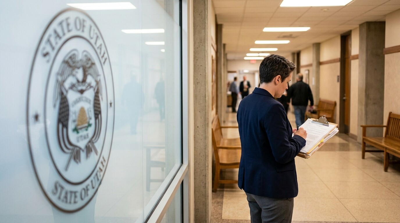 attorney reviewing documents on clipboard in State of Utah courthouse hallway