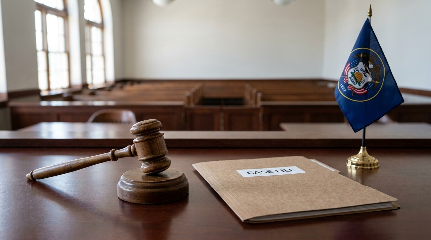 judge's gavel, case file folder, and Utah state flag on courtroom desk