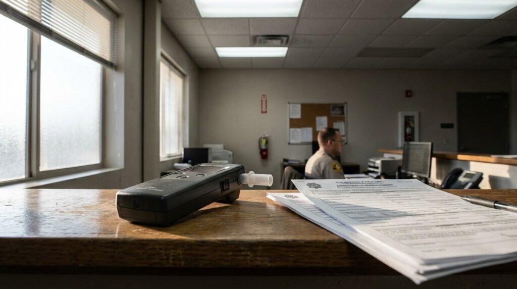 breathalyzer device and DUI administrative hearing report on law enforcement desk