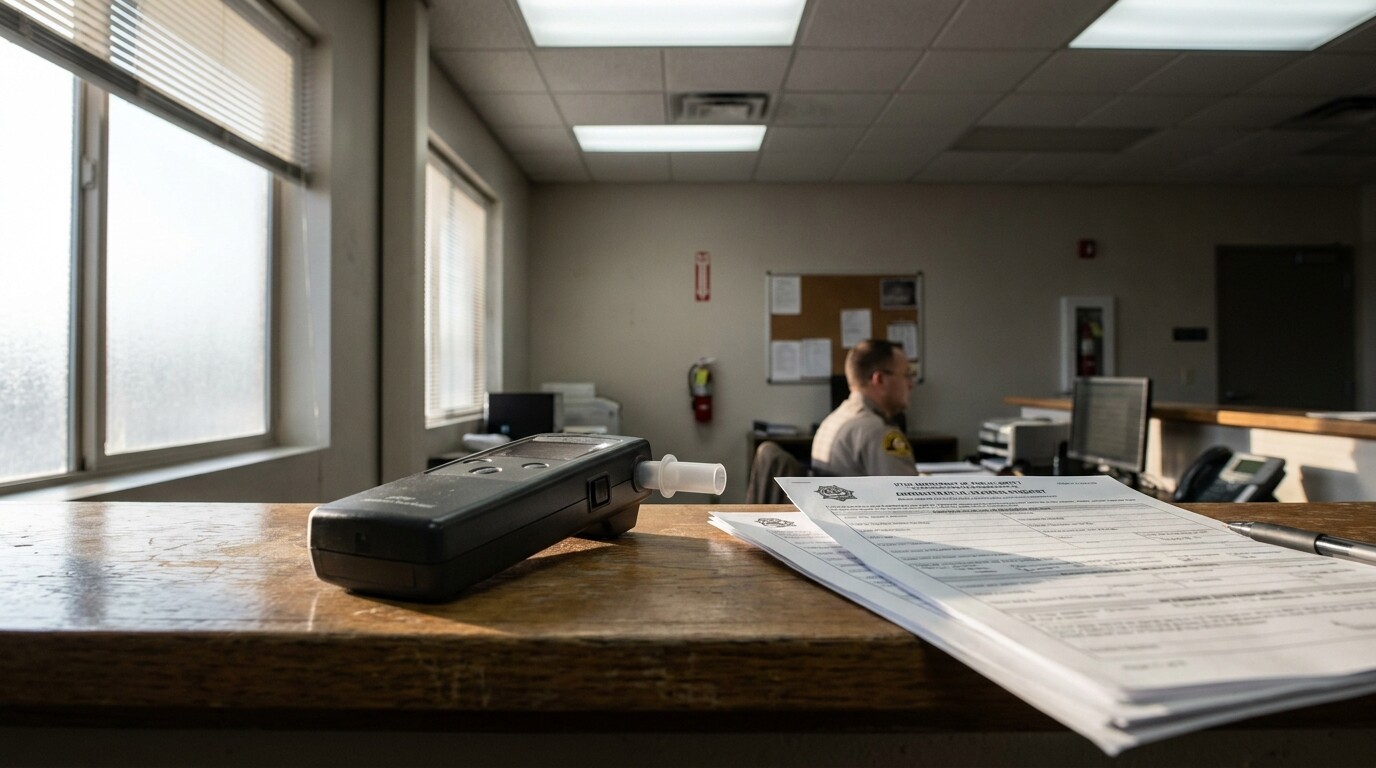 breathalyzer device and DUI administrative hearing report on law enforcement desk