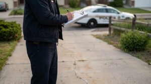 uniformed officer writing on clipboard outdoors with police vehicle parked nearby