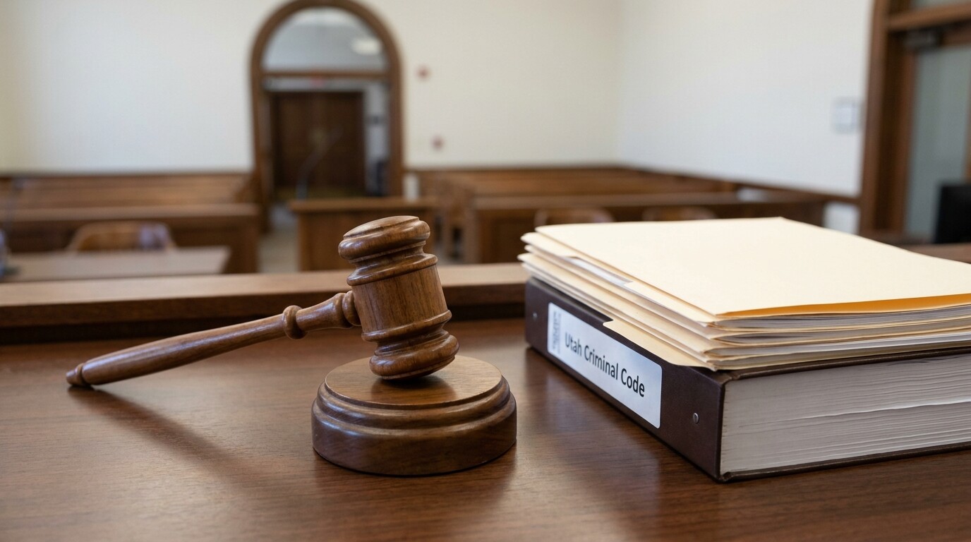 courtroom gavel on sound block beside Utah Criminal Code binder and case files