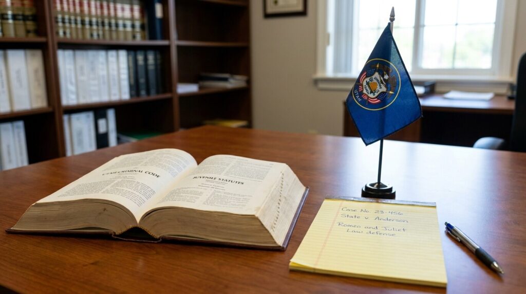 Utah Criminal Code open to Juvenile Statutes beside Utah state flag and legal notepad