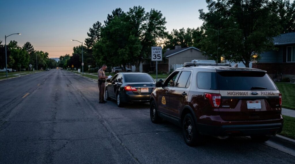 Utah Highway Patrol officer reviewing documents during traffic stop near speed limit sign
