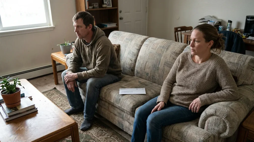 man and woman sitting apart on couch with envelope between them