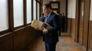 suited attorney reviewing case files and legal code book in courthouse hallway