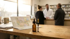 cannabis oil tincture bottle and vape pen on dispensary counter with pharmacist consulting clients