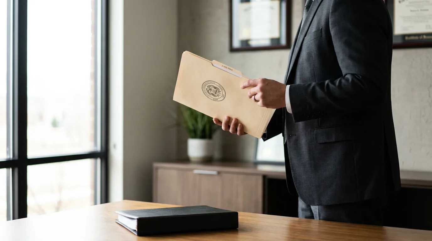 suited attorney holding sealed case file folder in professional law office