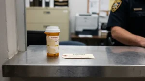 pharmacy prescription bottle and evidence tag on police station counter