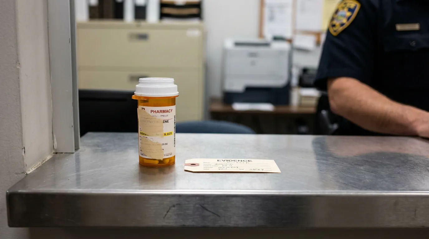 pharmacy prescription bottle and evidence tag on police station counter