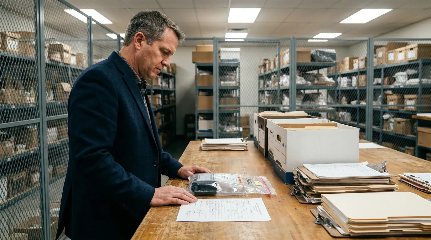 attorney examining sealed evidence bag and documents in secure storage room