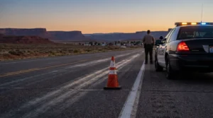 police officer standing beside patrol car with traffic cone on desert highway