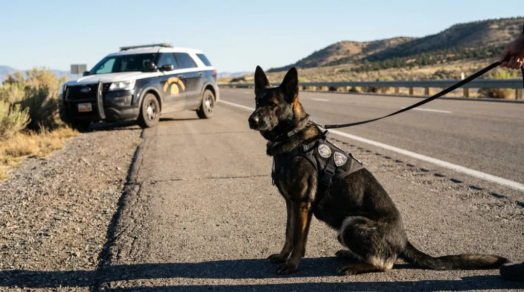police K9 German Shepherd in tactical vest on leash beside patrol vehicle on rural highway