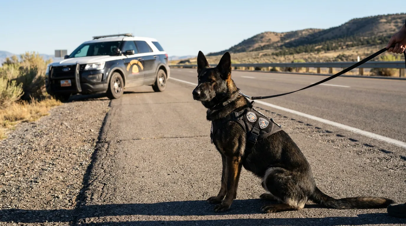 police K9 German Shepherd in tactical vest on leash beside patrol vehicle on rural highway