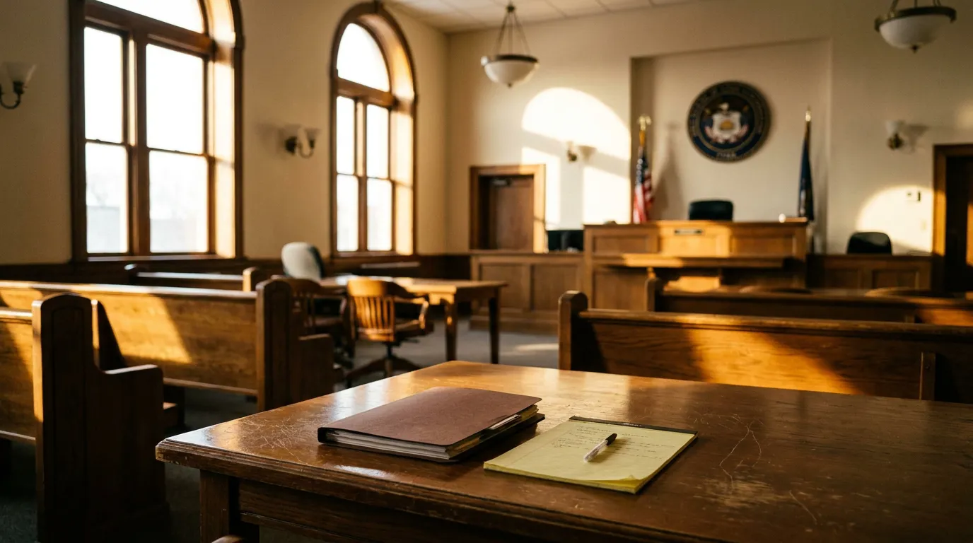 empty courtroom interior with legal folder and notepad on wooden counsel table