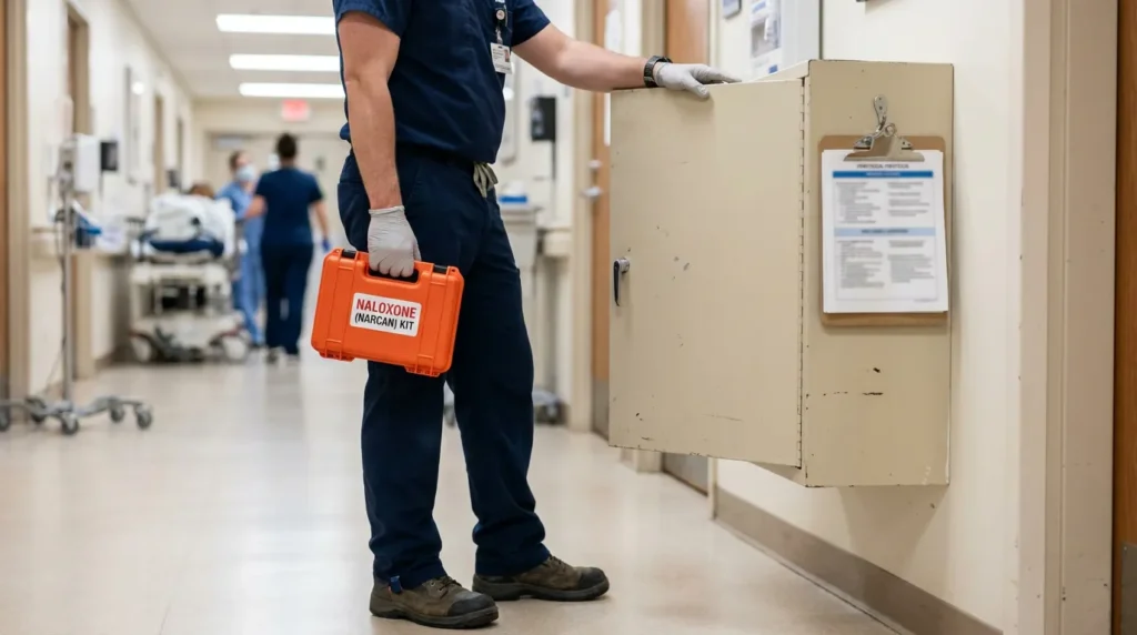hospital worker holding labeled Naloxone Narcan Kit case in medical hallway