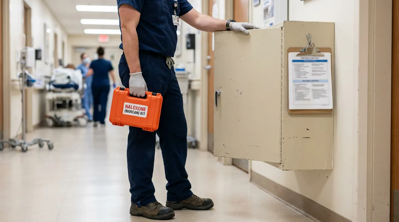 hospital worker holding labeled Naloxone Narcan Kit case in medical hallway