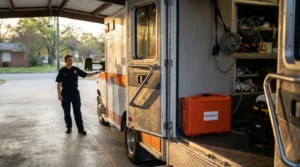 EMT standing beside open ambulance with labeled Naloxone Kit case inside