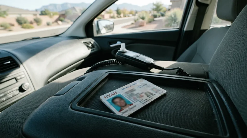 Utah driver license and breathalyzer device resting inside vehicle interior