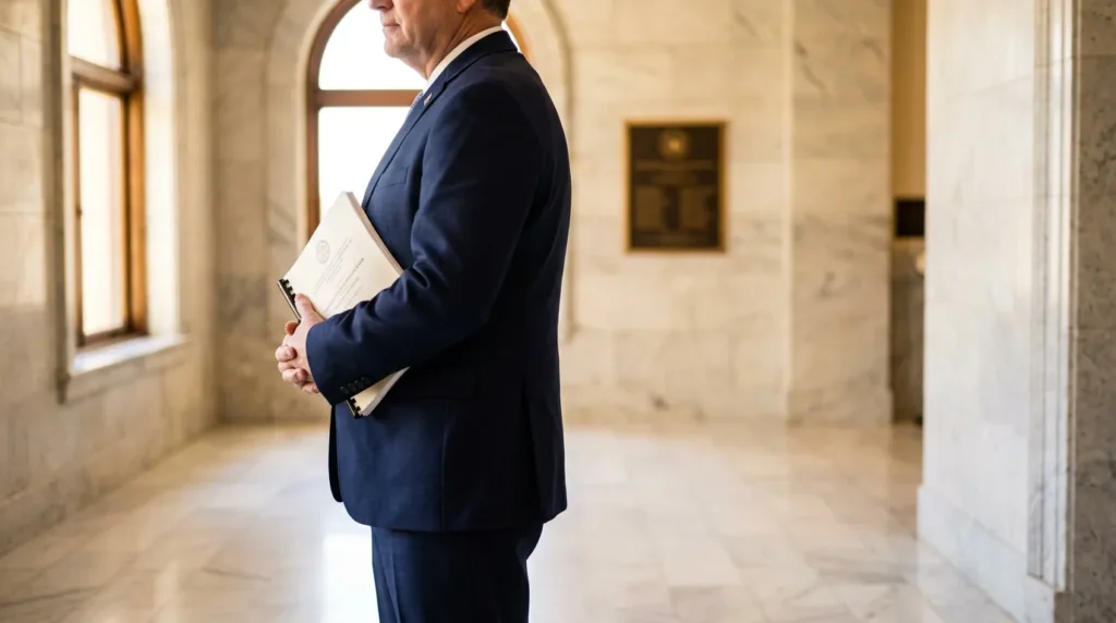 suited attorney standing in marble courthouse hallway holding legal documents
