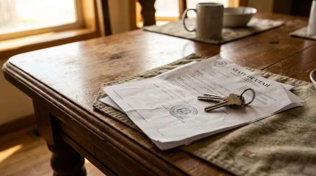 State of Utah legal document with official seal and house keys on wooden table