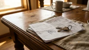 State of Utah legal document with official seal and house keys on wooden table
