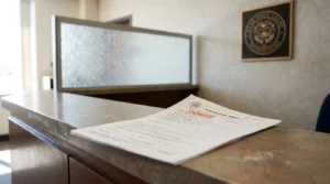 Protective Order Petition stamped DENIED resting on courtroom clerk counter