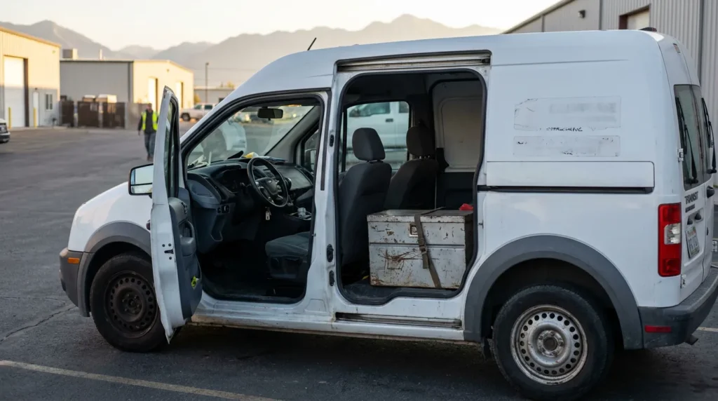 Ford Transit Connect work van with open doors and worn metal toolbox inside