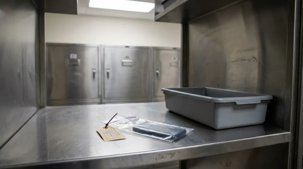 jail property room shelf with tagged evidence bag, phone, and storage tray