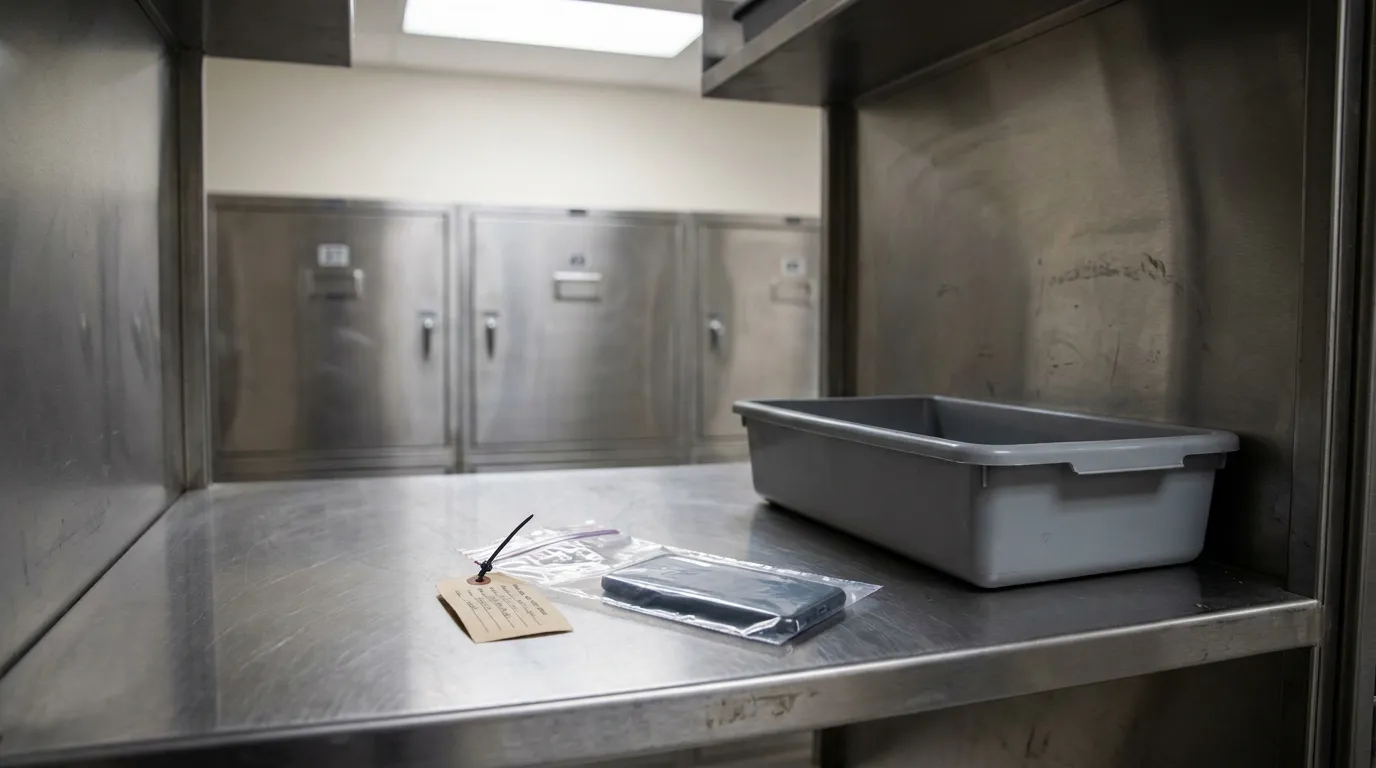 jail property room shelf with tagged evidence bag, phone, and storage tray