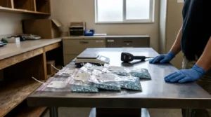 gloved officer examining tagged evidence bags of pills on metal table with scale