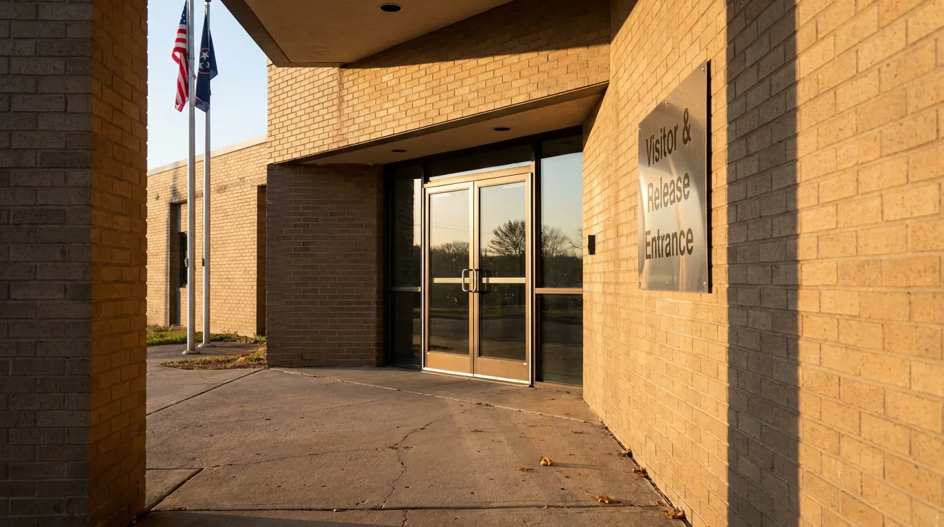 Visitor and Release Entrance sign on brick correctional facility exterior with flags