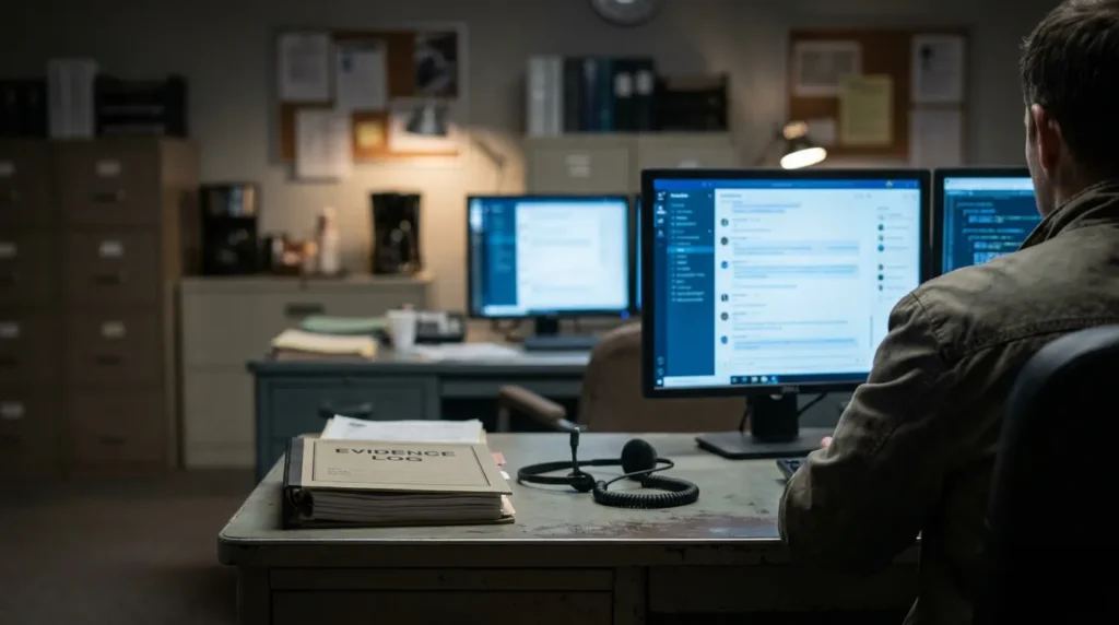 investigator at desk reviewing dual monitors beside Evidence Log binder