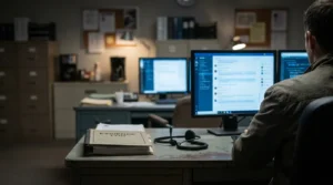 investigator at desk reviewing dual monitors beside Evidence Log binder