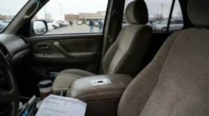 Utah Division of Motor Vehicles restriction notice and driver's license on vehicle seat