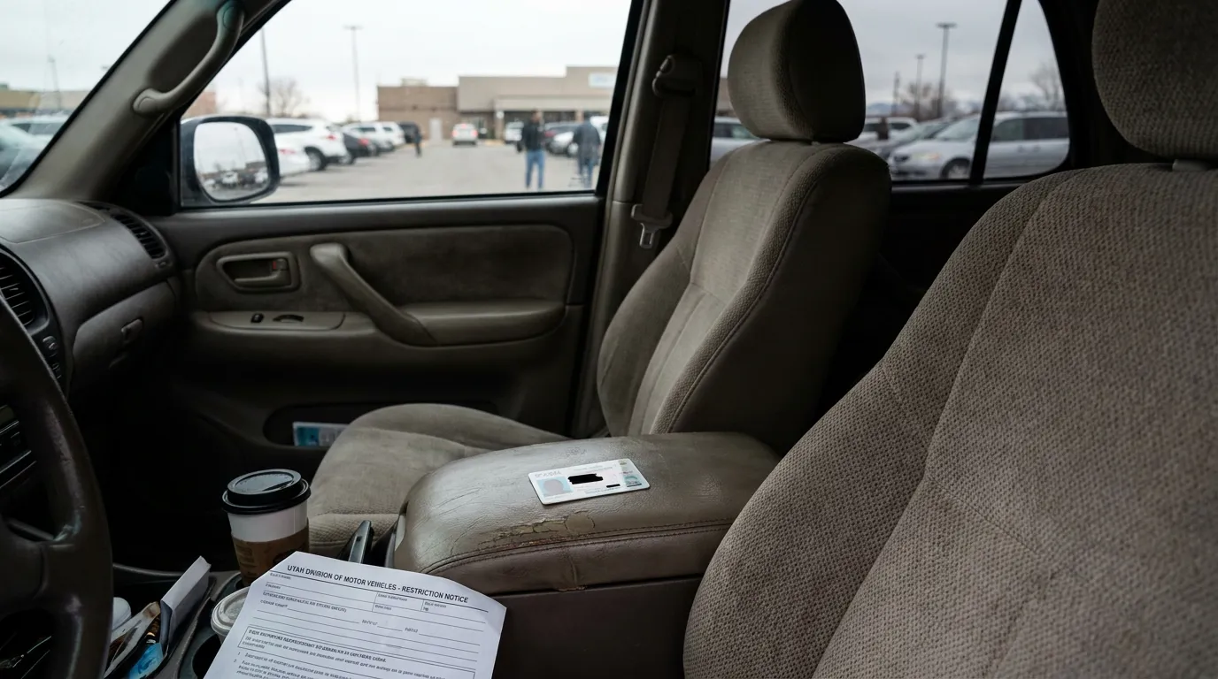 Utah Division of Motor Vehicles restriction notice and driver's license on vehicle seat
