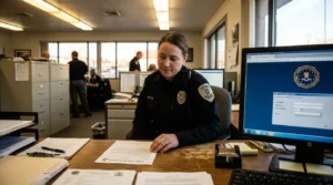 Utah Police officer reviewing documents at desk with FBI website on monitor