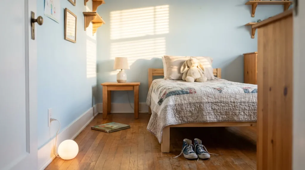 Child's bedroom with stuffed rabbit on bed, sneakers, and nightstand lamp