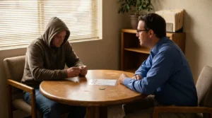 hooded individual and professional seated at table with document during formal meeting
