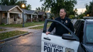 Salt Lake City Police officer standing beside patrol vehicle in residential neighborhood